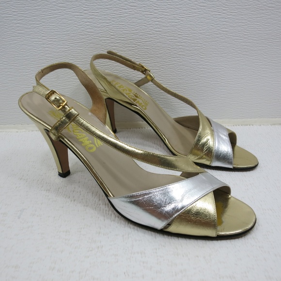 Salvatore Ferragamo Gold Silver Leather Heels 7.5 - Picture 2 of 6